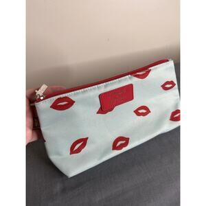 Clinique Kate Spade Light Blue Red Lips Kiss Print Makeup Cosmetic Zipper Bag
